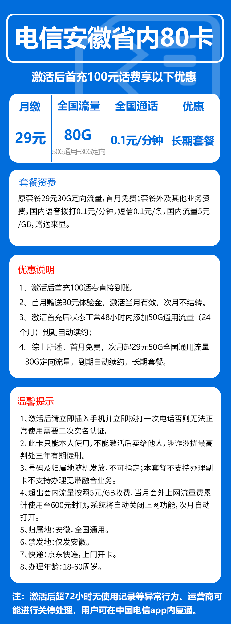电信安徽省内80卡29元/月：80G流量+通话0.1元/分钟（长期套餐，仅发安徽省内）