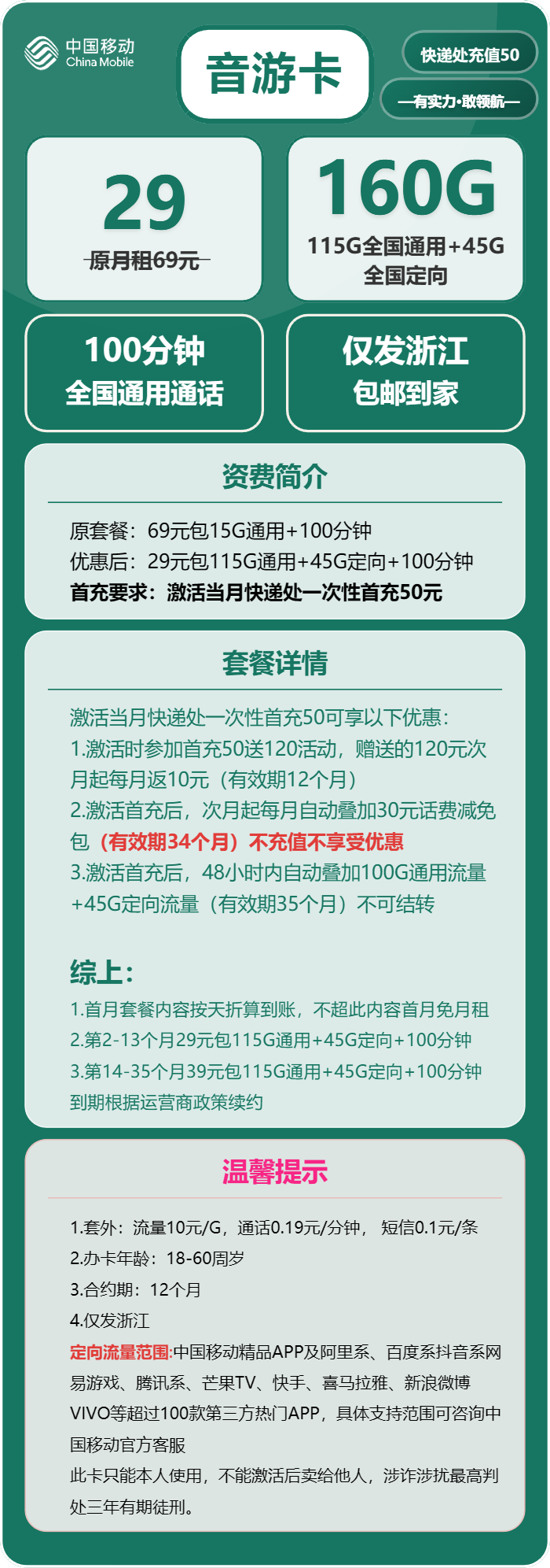 移动音游卡①29元/月：160G流量+100分钟通话（第14个月起39元月租，3年套餐，仅发浙江省内）