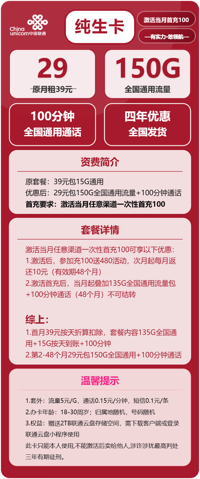 联通纯生卡29元/月：150G流量+100分钟通话（4年套餐）