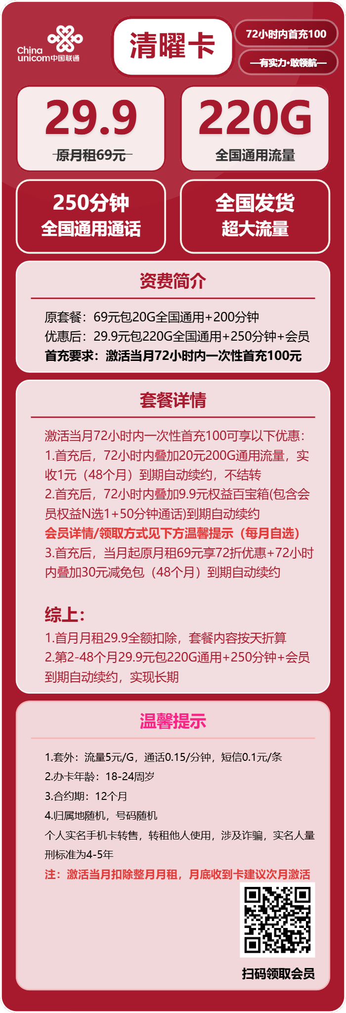 联通清曜卡29.9元/月：220G流量+250分钟通话+会员（长期套餐，送长期视频会员，需提供公安码）