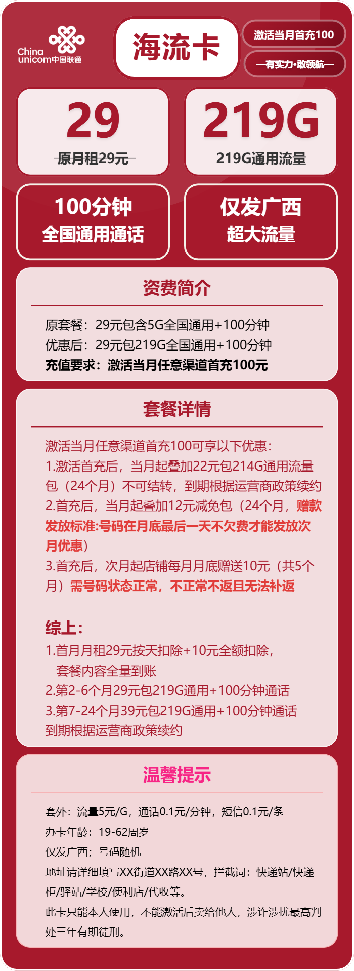 联通海流卡29元/月：219G流量+100分钟通话（第7个月起39元月租，长期套餐，仅发广西省内）