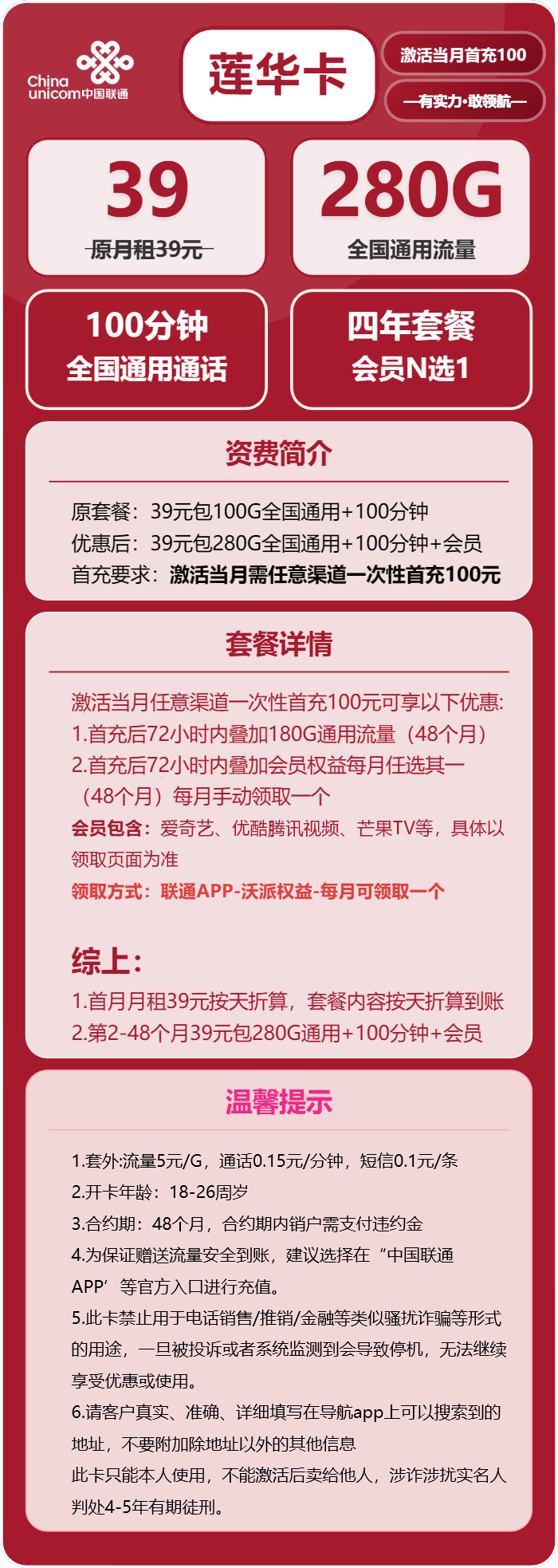 联通莲华卡39元/月：280G流量+100分钟通话+会员（4年套餐，送4年视频会员）