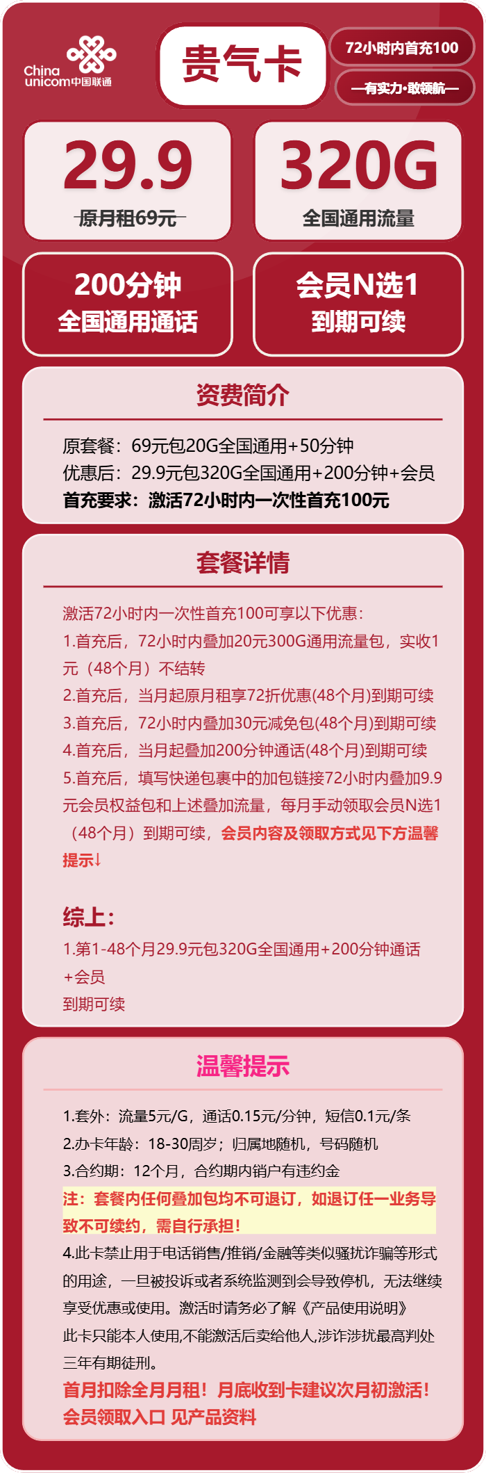联通贵气卡29.9元/月：320G流量+200分钟通话+会员（长期套餐，送长期视频会员，需提供公安码）