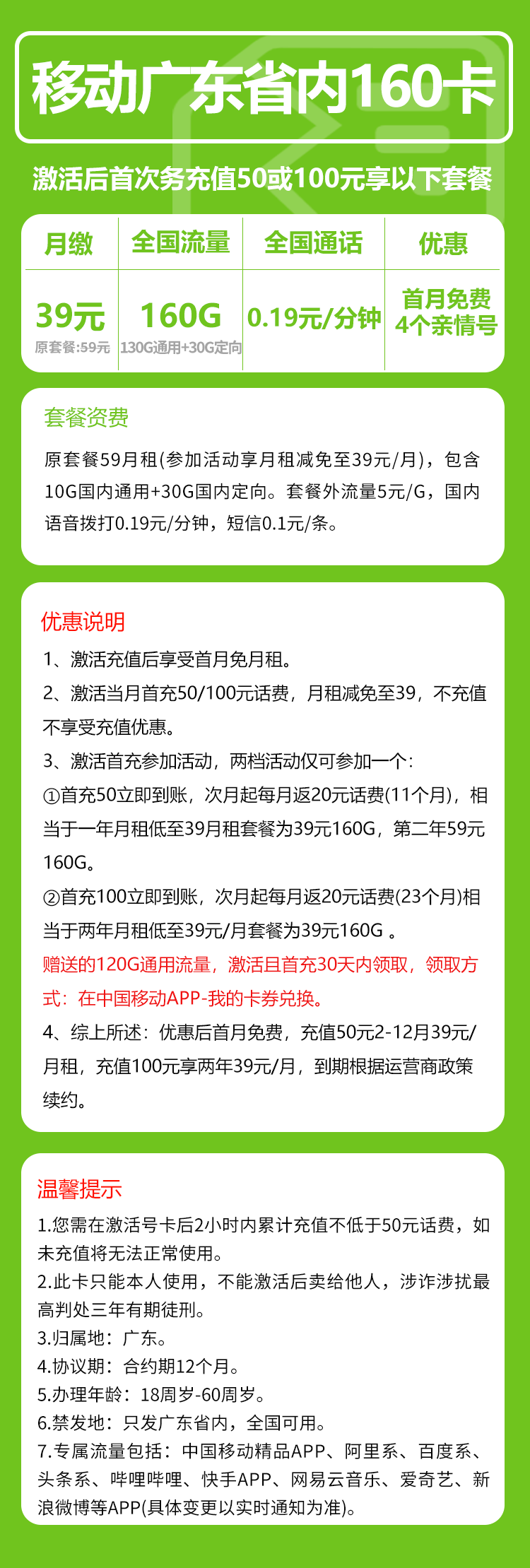 移动广东省内160卡①39元/月：160G流量+通话0.19元/分钟（2年套餐，仅发广东省内）
