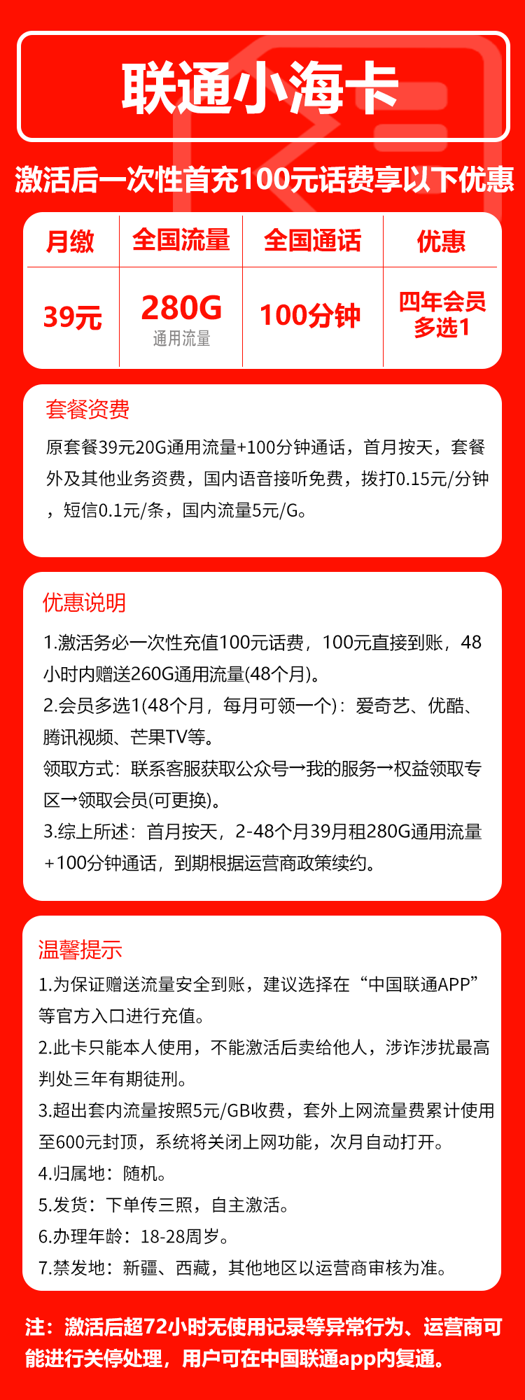 联通小海卡①39元/月：280G流量+100分钟通话（4年套餐，送4年视频会员）