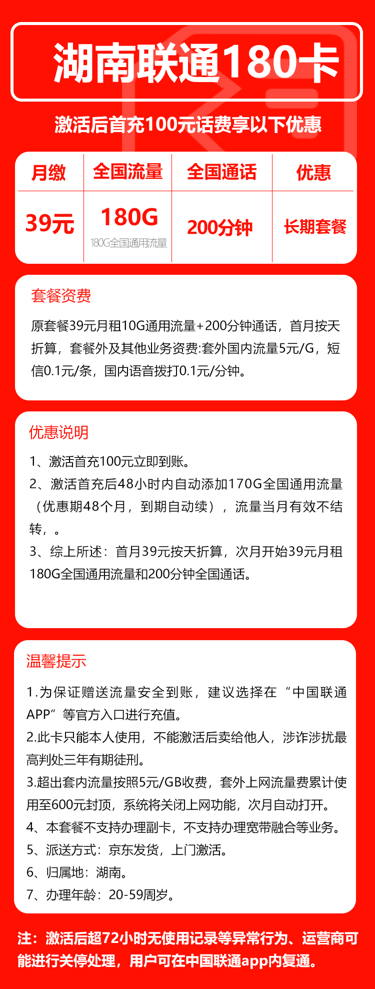 联通湖南省内180卡39元/月：180G流量+200分钟通话（长期套餐，仅发湖南省内，可选号）