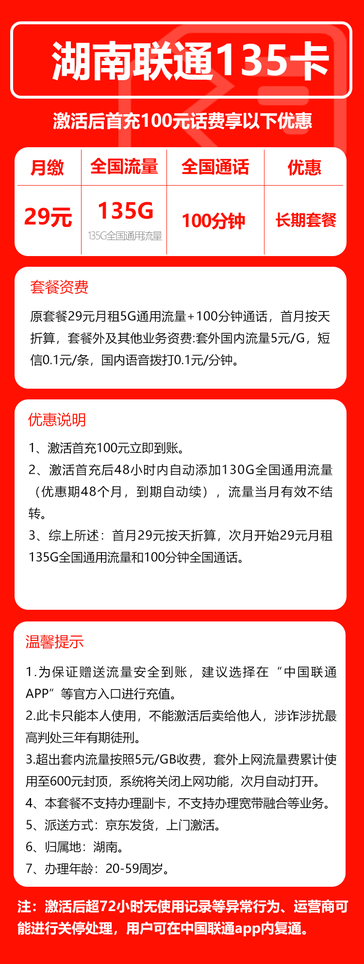 联通湖南省内135卡29元/月：135G流量+100分钟通话（长期套餐，仅发湖南省内，可选号）