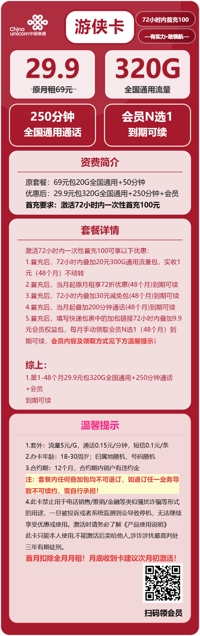联通游侠卡29.9元/月：320G流量+250分钟通话+会员（长期套餐，送长期视频会员，需提供公安码）
