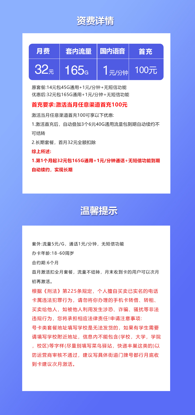 联通飞哲卡32元/月：165G流量+通话1元/分钟（长期套餐）