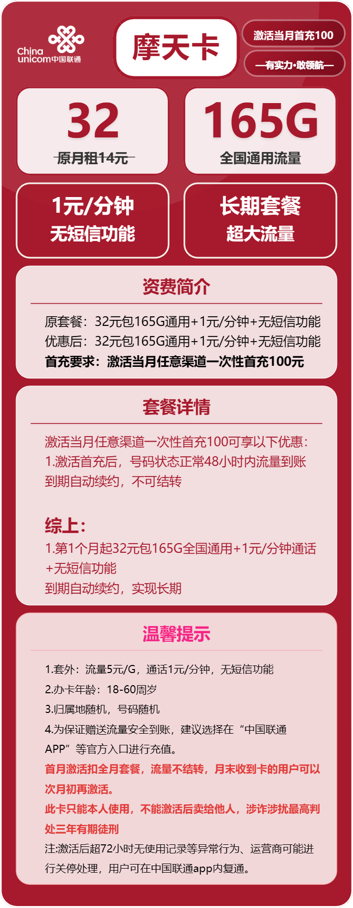 联通摩天卡32元/月：165G流量+通话1元/分钟（长期套餐）