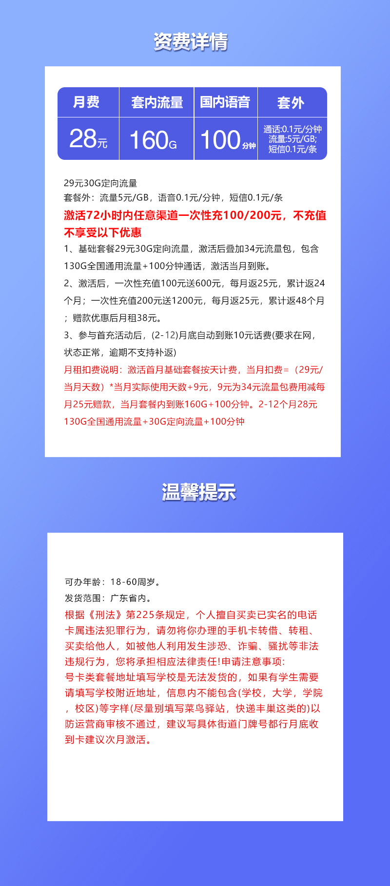 联通广东专享卡28元/月：160G流量+100分钟通话（第13个月起38元月租，4年套餐，仅发广东省内）