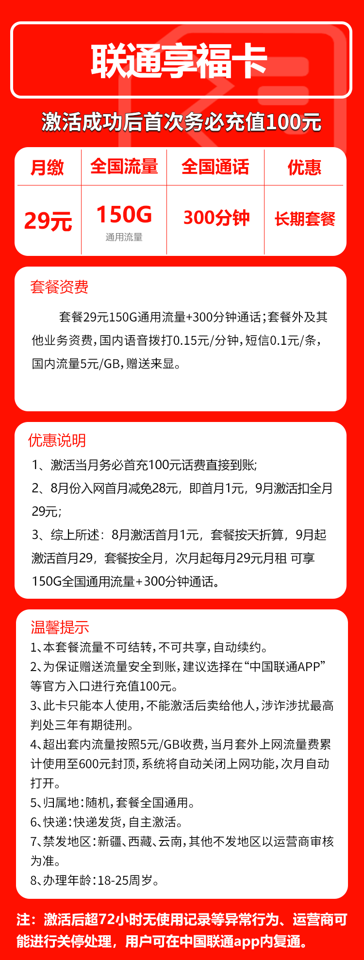 联通享福卡29元/包：150G+300分钟通话（长期套餐，可发北京市）