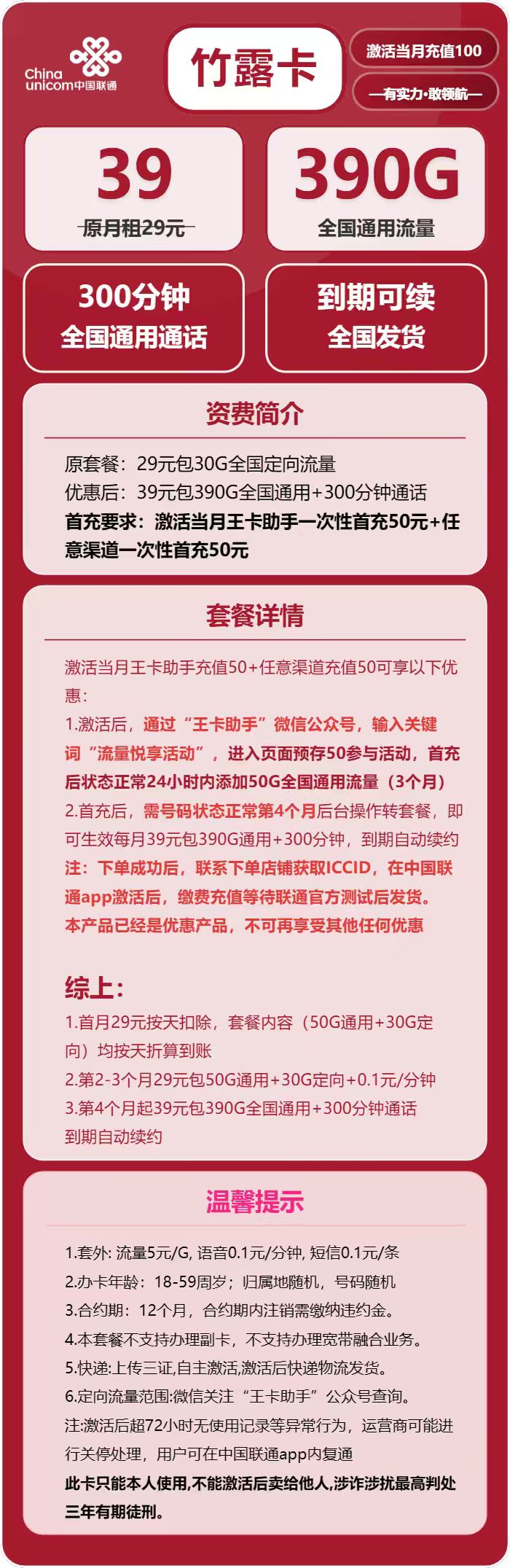 联通竹露卡39元/月：390G流量+300分钟通话（长期套餐，先激活充值后发货）