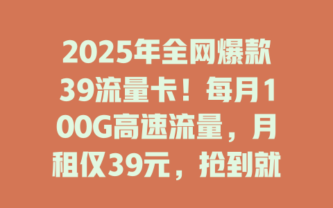2025年全网爆款39流量卡！每月100G高速流量，月租仅39元，抢到就是赚到！