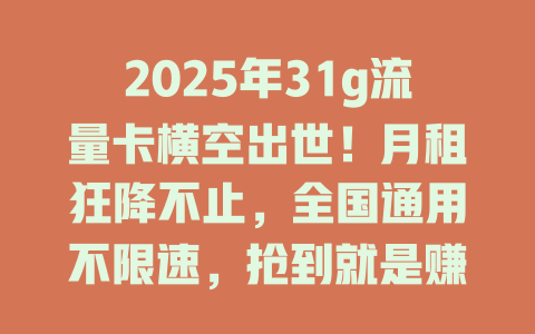 2025年31g流量卡横空出世！月租狂降不止，全国通用不限速，抢到就是赚到！