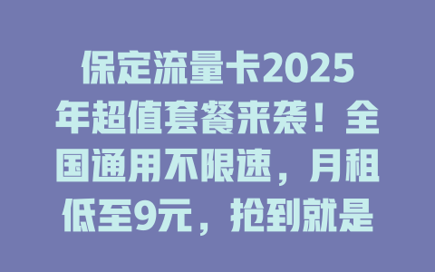 保定流量卡2025年超值套餐来袭！全国通用不限速，月租低至9元，抢到就是赚到！