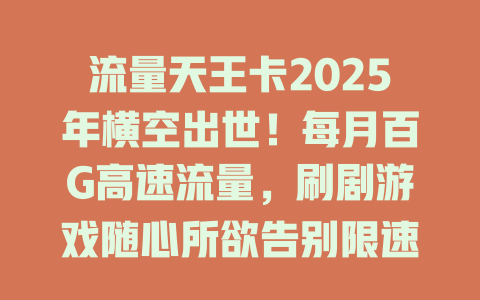 流量天王卡2025年横空出世！每月百G高速流量，刷剧游戏随心所欲告别限速烦恼