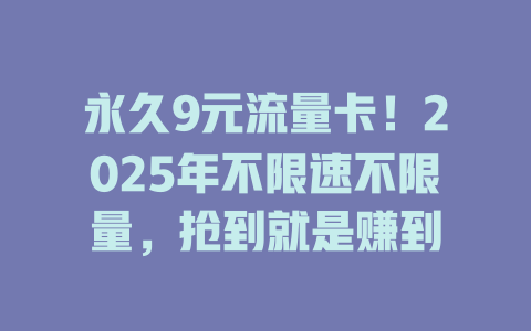 永久9元流量卡！2025年不限速不限量，抢到就是赚到