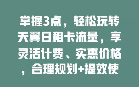 掌握3点，轻松玩转天翼日租卡流量，享灵活计费、实惠价格，合理规划+提效使用，流量不愁！