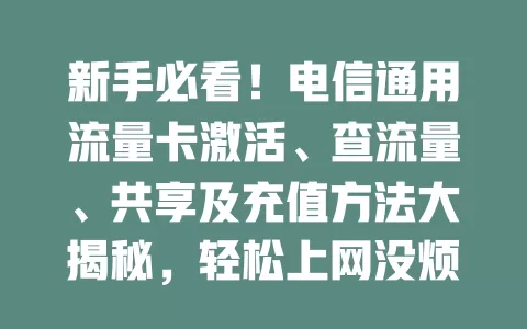 新手必看！电信通用流量卡激活、查流量、共享及充值方法大揭秘，轻松上网没烦恼
