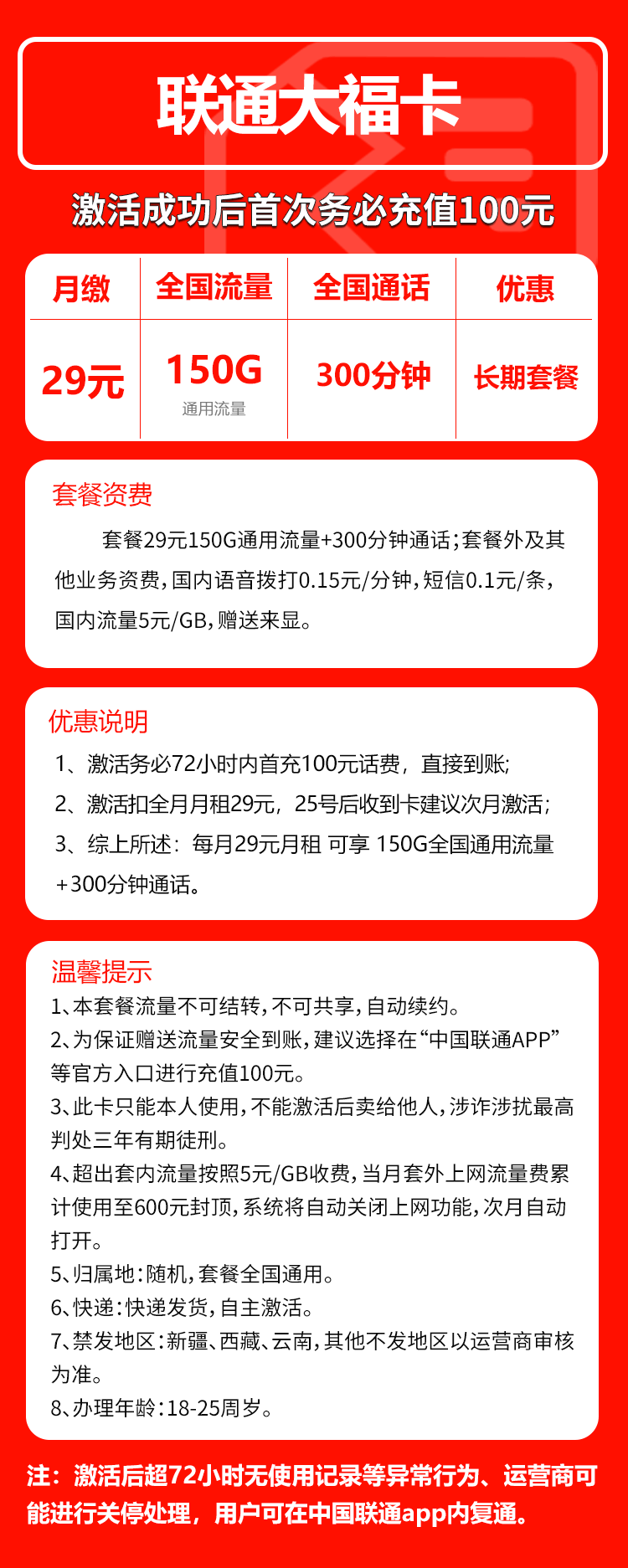 联通大福卡29元/月：150G流量+300分钟通话（长期套餐）
