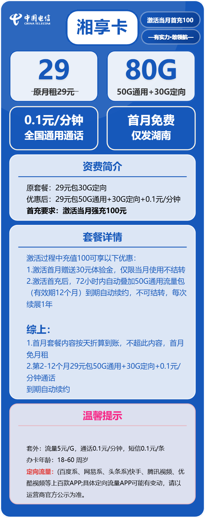 电信湘享卡29元/月：80G流量+通话0.1元/分钟（长期套餐）