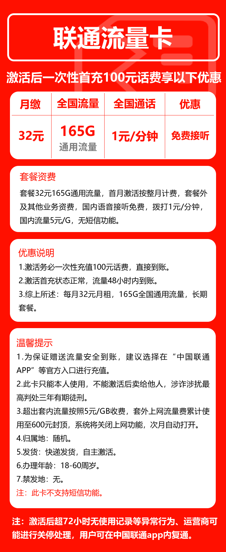 联通流量卡①32元/月：165G流量+通话1元/分钟（长期套餐）