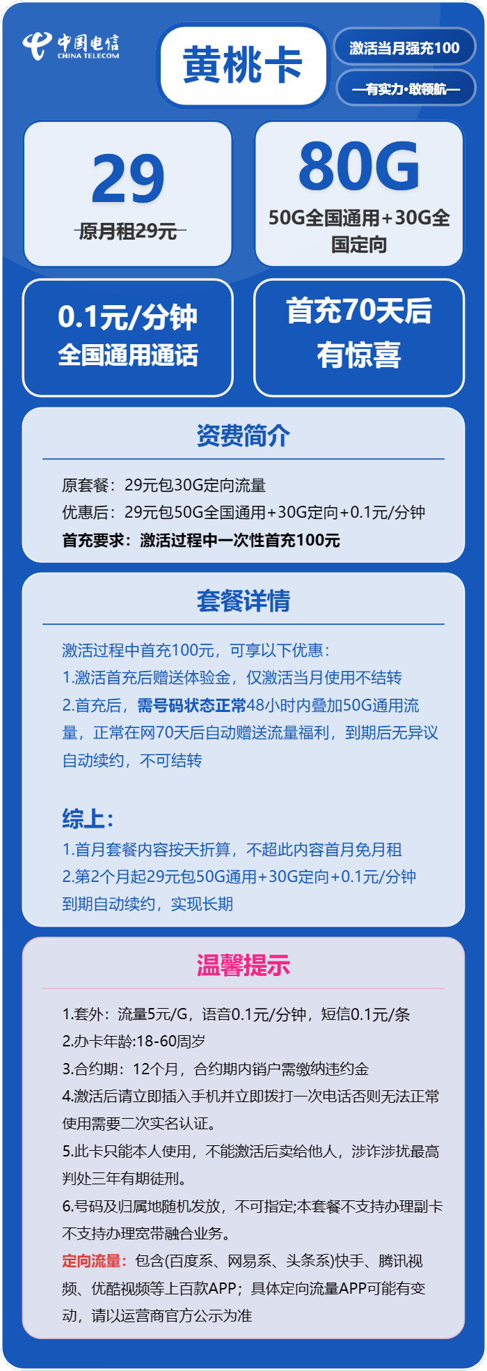 电信黄桃卡29元/月：80G流量+通话0.1元/分钟（长期套餐，赠送流量福利）
