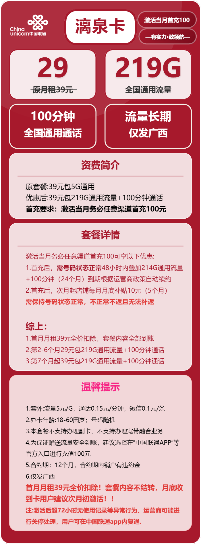 联通漓泉卡29元/月：219G流量+100分钟通话（第7个月起39元月租，长期套餐，仅发广西省内）