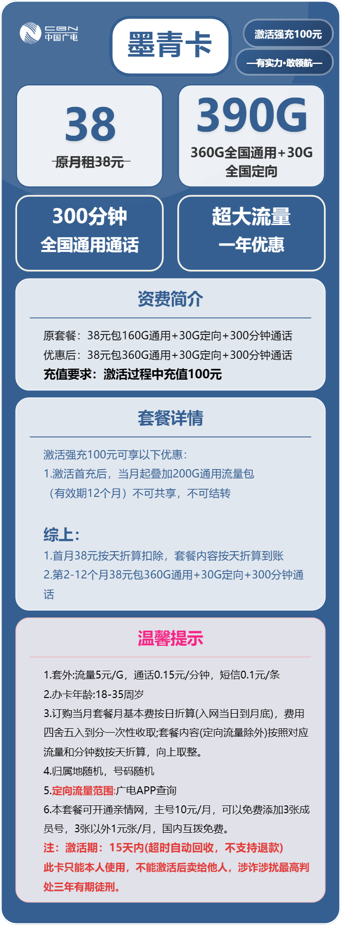 广电墨青卡38元/月：390G流量+300分钟通话