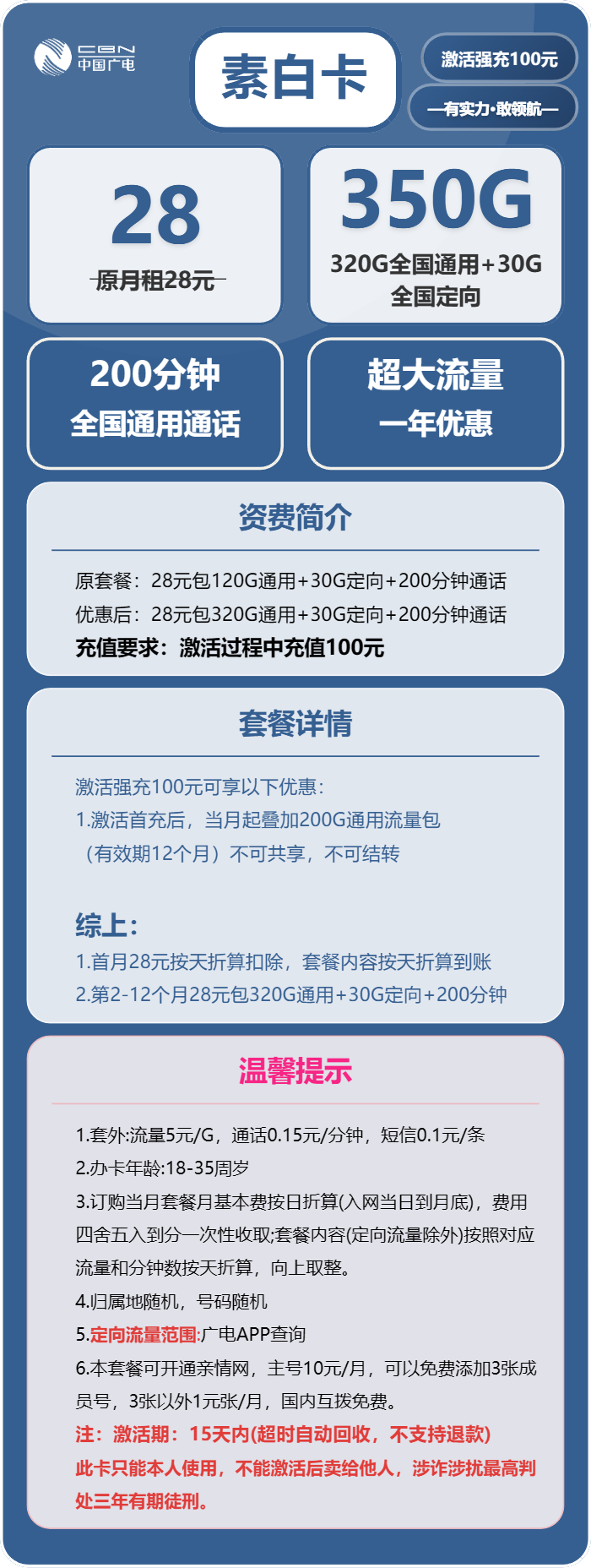 广电素白卡28元/月：350G流量+200分钟通话