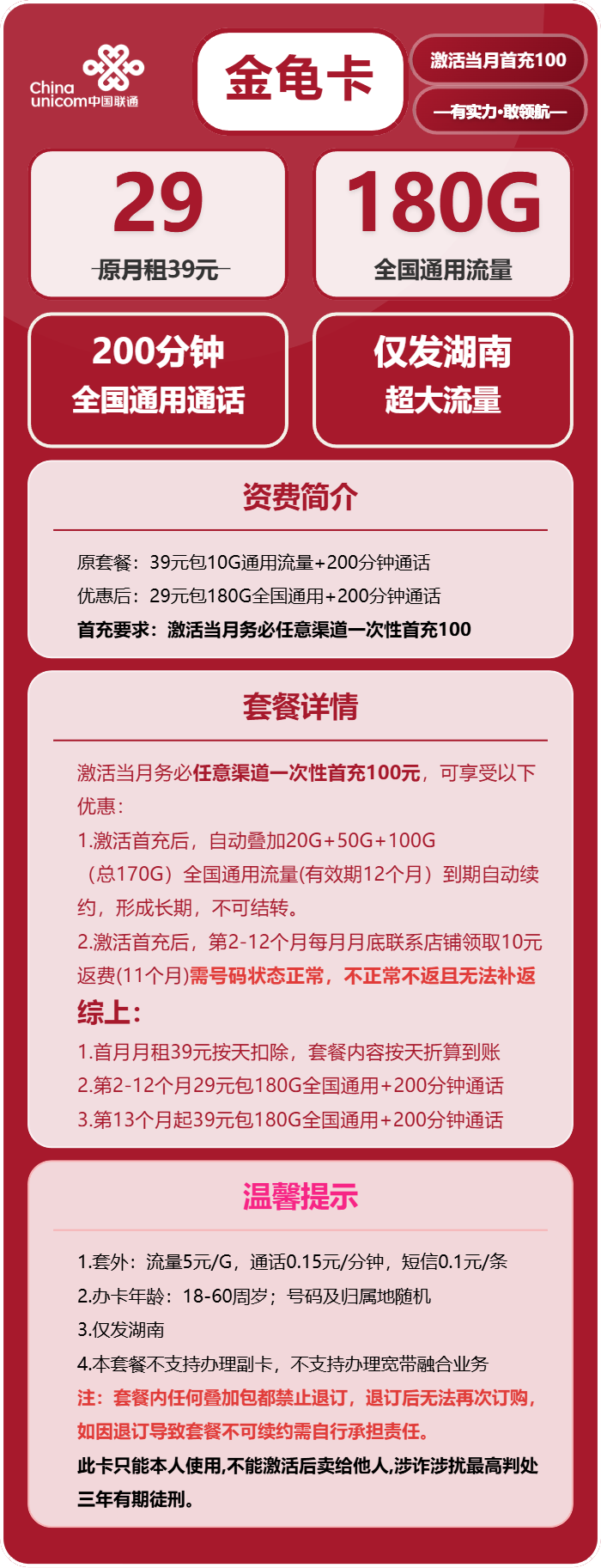 联通金龟卡29元/月：180G流量+200分钟通话（第13哥月起39元月租，长期套餐，仅发湖南省内）