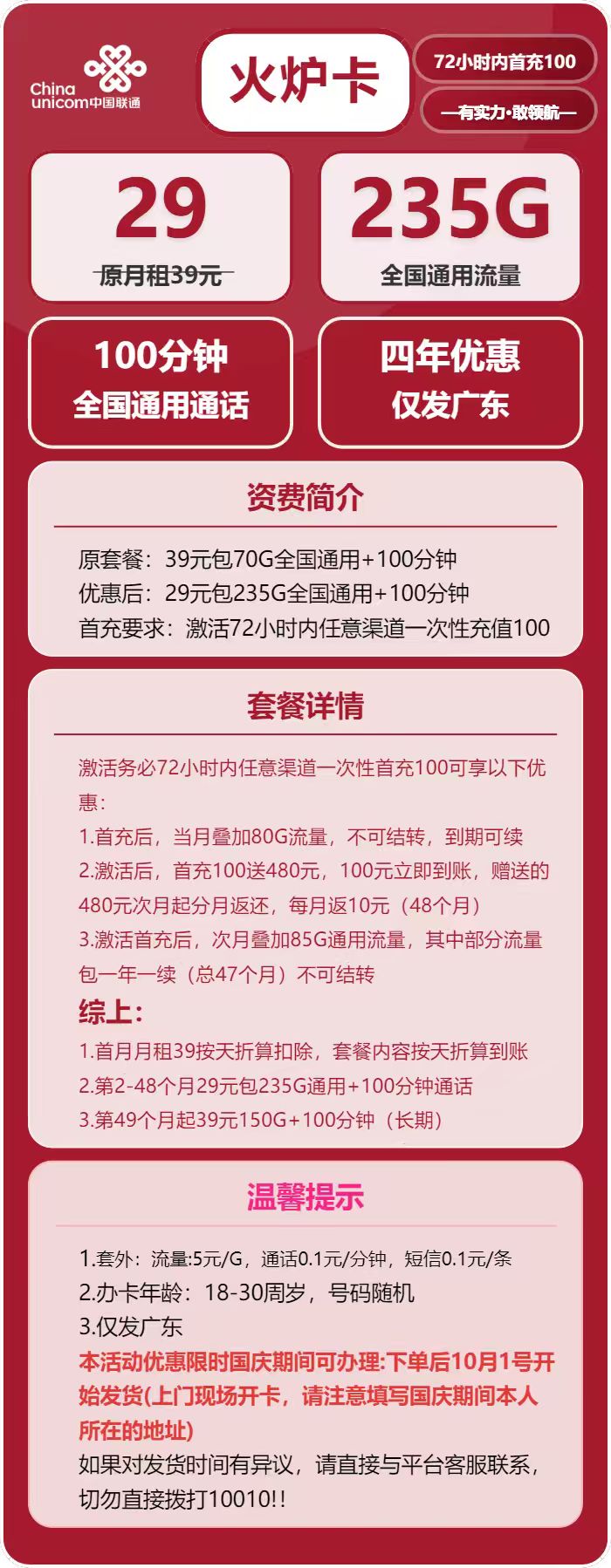 联通火炉卡29元/月：235G流量+100分钟通话（长期套餐，仅发广东省内）
