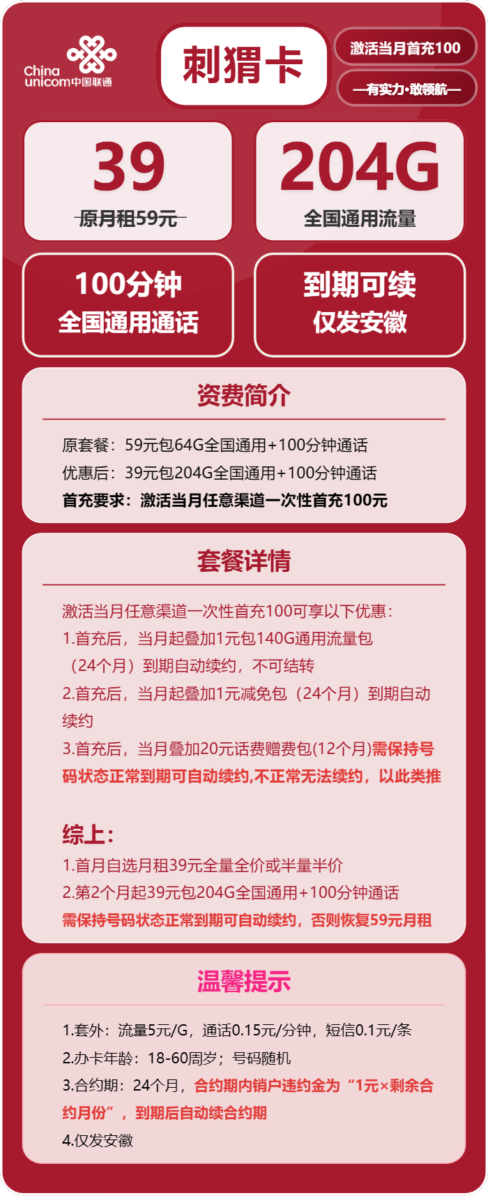 联通刺猬卡39元/月：204G流量+100分钟通话（长期套餐，仅发安徽省内，可选号）