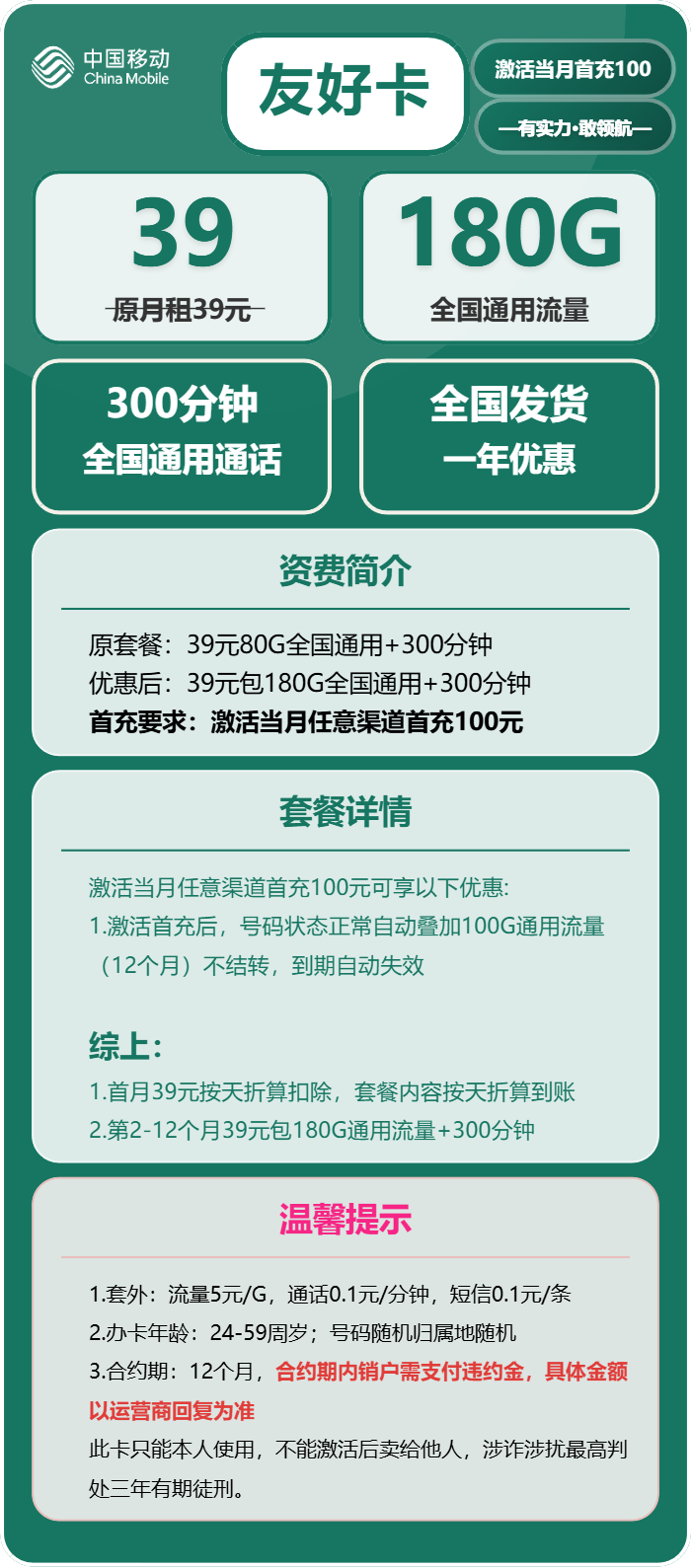 移动友好卡39元/月：180G流量+300分钟通话