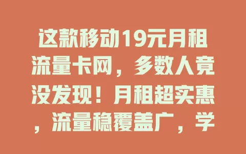 这款移动19元月租流量卡网，多数人竟没发现！月租超实惠，流量稳覆盖广，学生上班族福音，省钱又好用！