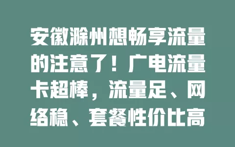 安徽滁州想畅享流量的注意了！广电流量卡超棒，流量足、网络稳、套餐性价比高、服务贴心，是上网得力助手，值得考虑！