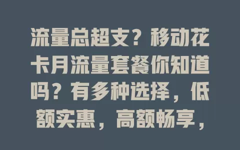 流量总超支？移动花卡月流量套餐你知道吗？有多种选择，低额实惠，高额畅享，费用划算，网络稳定，满足各类流量需求！