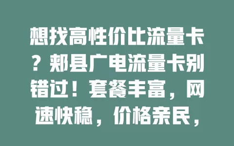 想找高性价比流量卡？郏县广电流量卡别错过！套餐丰富，网速快稳，价格亲民，服务贴心，给你便捷实惠流量方案