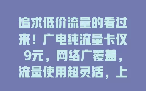 追求低价流量的看过来！广电纯流量卡仅9元，网络广覆盖，流量使用超灵活，上网无压力，超值之选别错过