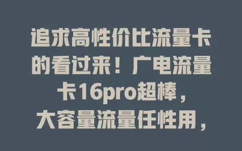 追求高性价比流量卡的看过来！广电流量卡16pro超棒，大容量流量任性用，网络速度超出色，资费超划算，全方位满足需求，别犹豫，赶紧选它开启畅快网络之旅！