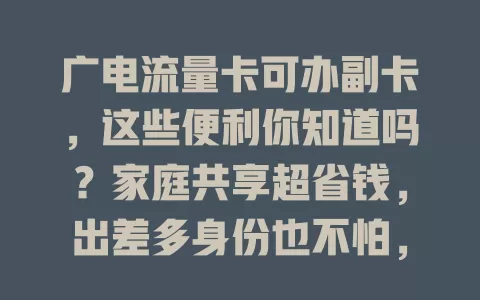 广电流量卡可办副卡，这些便利你知道吗？家庭共享超省钱，出差多身份也不怕，还有安全保障与灵活使用，快来体验！