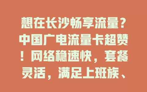 想在长沙畅享流量？中国广电流量卡超赞！网络稳速快，套餐灵活，满足上班族、户外运动者及学生多元需求，是畅享数字生活的好选择