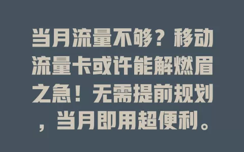 当月流量不够？移动流量卡或许能解燃眉之急！无需提前规划，当月即用超便利。出差、旅游、办公、学习场景全适用，套餐多样按需选，避免浪费，是上网好帮手
