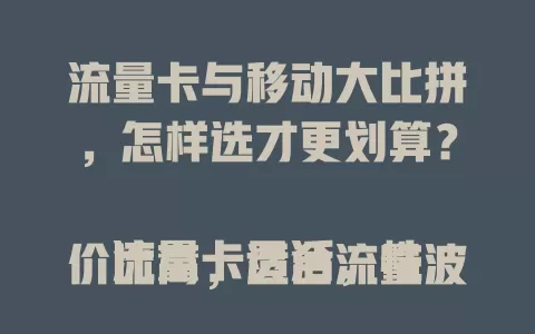 流量卡与移动大比拼，怎样选才更划算？

流量卡灵活，性价比高，适合流量波动大的用户。移动网络稳定，服务完善，套餐多样。按需考量自身情况，才能选出最适合自己的流量获取方式。