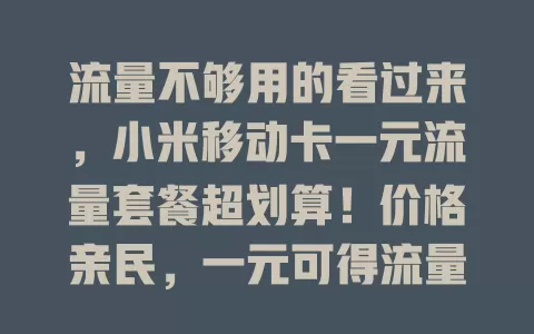 流量不够用的看过来，小米移动卡一元流量套餐超划算！价格亲民，一元可得流量，使用灵活无月底清零烦恼，适配学生上班族，快来告别流量困扰！