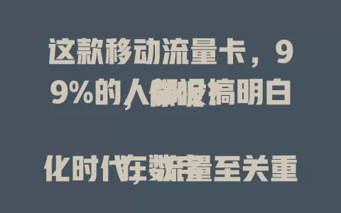 这款移动流量卡，99%的人都没搞明白，你呢？

在数字化时代，流量至关重要。移动流量卡优势多，有多样套餐，网络稳定，使用便捷。选卡时要留意套餐内容、有效期等。掌握方法就能挑到适合的卡，畅享网络便利