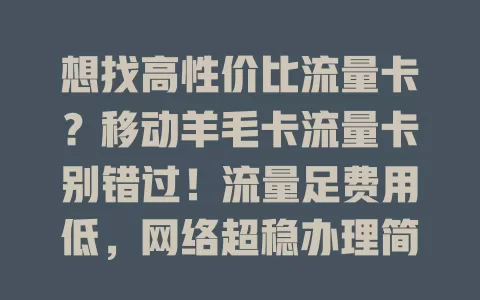 想找高性价比流量卡？移动羊毛卡流量卡别错过！流量足费用低，网络超稳办理简，给你超棒上网体验