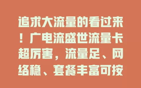 追求大流量的看过来！广电流盛世流量卡超厉害，流量足、网络稳、套餐丰富可按需选