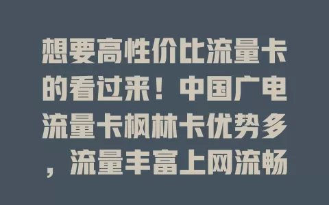 想要高性价比流量卡的看过来！中国广电流量卡枫林卡优势多，流量丰富上网流畅，费用性价比高，网络稳定信号好，是追求实惠好体验用户的不错之选